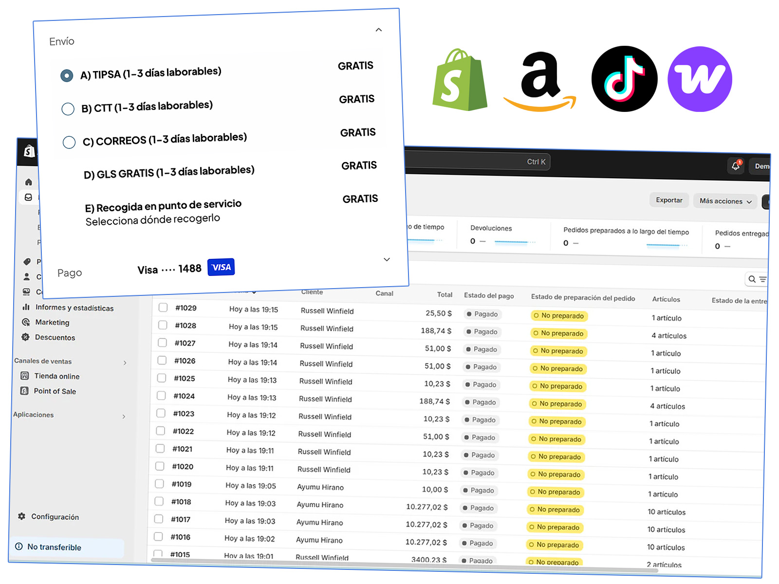 Multi-canal Logistix: checkout multi-transportista, integración con Shopify, Amazon, TikTok Shop y WooCommerce, y gestión del backend